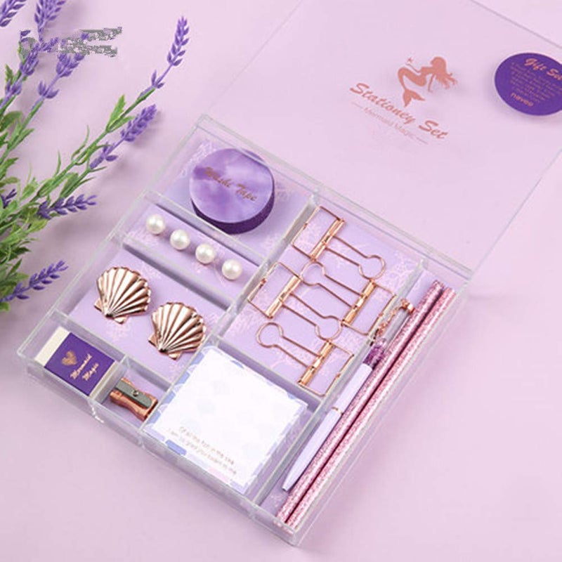 MultiBey Cute Stationery Set Ballpoint Pen Pencils Washi Tape Eraser Pearl Push Pins Sticky Note Pads Rose Gold Binder Clips Purple Mermaid Office School Desk Supplies Kit Gift for Women - Image 2